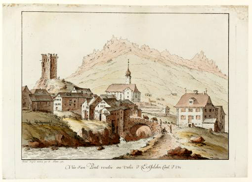 Vista di Hospental da sud-est con vista della chiesa e del forte, acquaforte di contorno, colorata, 1792