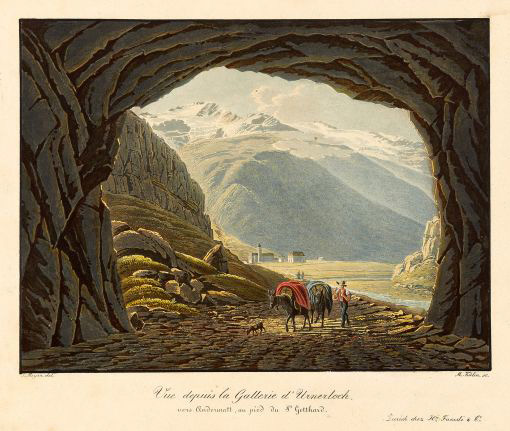 Vista dall'Urnerloch verso Andermatt, disegnata e incisa da M. Kälin e J. Suter, acquatinta colorata, 1833